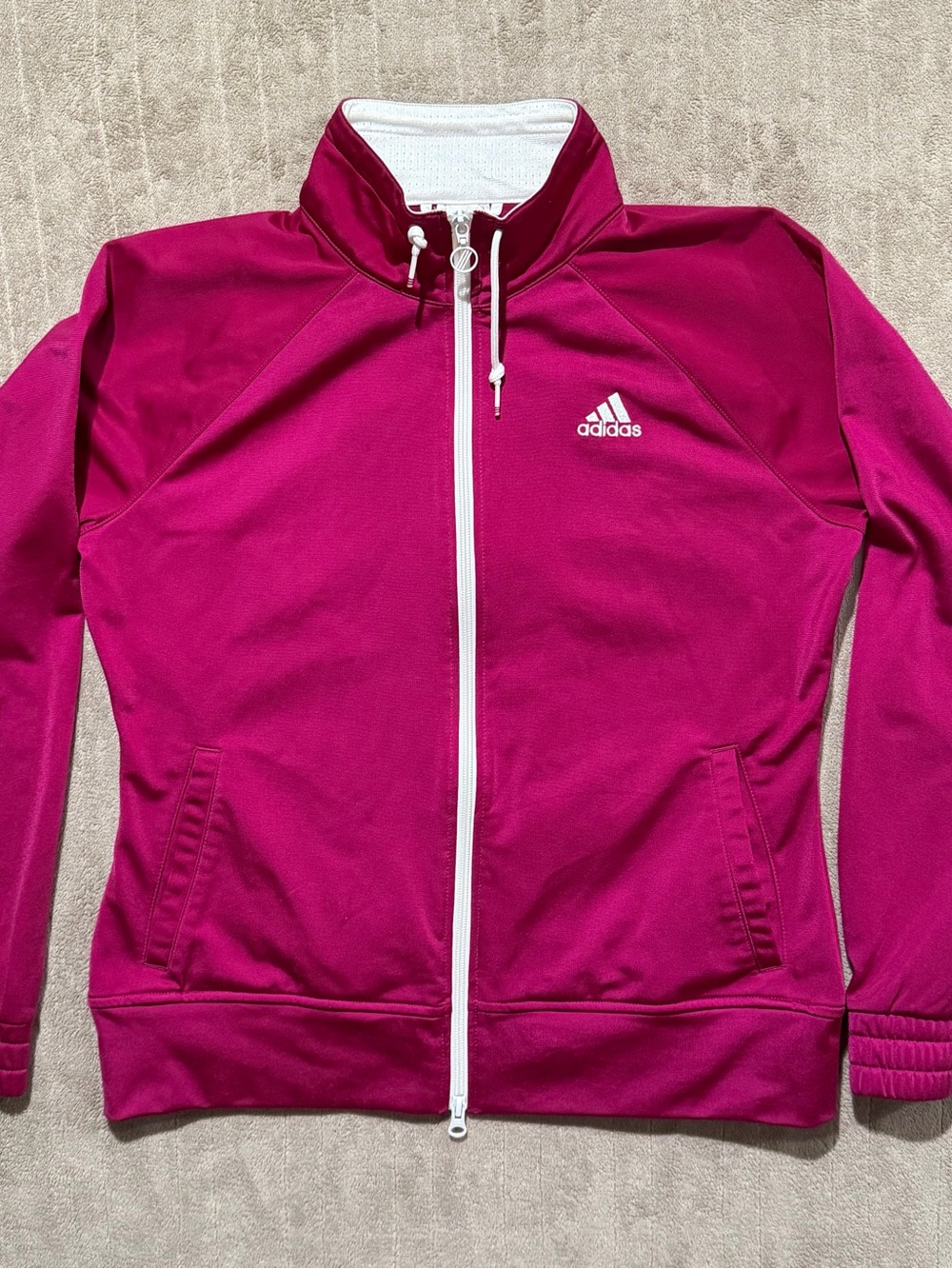 Adidas Track Jacket Women’s Medium Fushcia Pink Full Zip 3-Stripes Pockets Cute